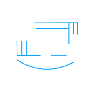 An outline of a stage in blue behind an outline of a camera, woman, and microphone in white.