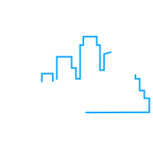 Outline of a city skyline in blue behind an outline of an industrial building and a gear in white.