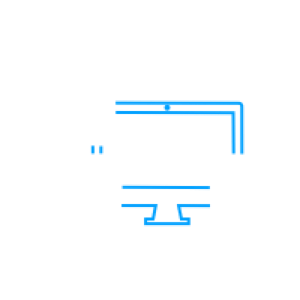 An ouline of a monitor in blue behind an ouline of a laptop, smartphone, and filmstrip in white.