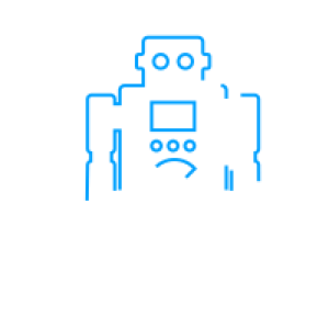 Icon of a robot outlined in blue standing behind a shoe outlined in white and a pair of headphones outlined in white.